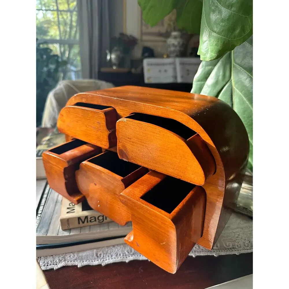 Vintage Wooden Jewelry Trinket Box Handmade Wave Artisan Wood unique puzzleREAD